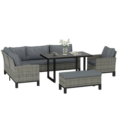 Outsunny 9 Seater Rattan Garden Furniture Corner Sofa Set, Outdoor Dining Set with Faux Wood Table, Ottoman, Cushions, Dark Grey
