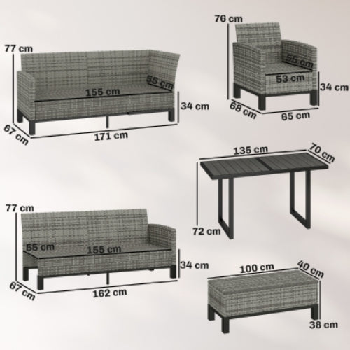Outsunny 9 Seater Rattan Garden Furniture Corner Sofa Set, Outdoor Dining Set with Faux Wood Table, Ottoman, Cushions, Dark Grey
