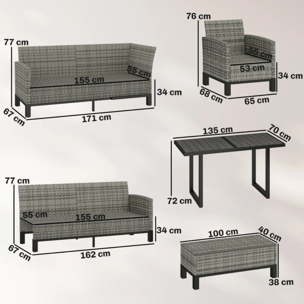 Outsunny 9 Seater Rattan Garden Furniture Corner Sofa Set, Outdoor Dining Set with Faux Wood Table, Ottoman, Cushions, Dark Grey
