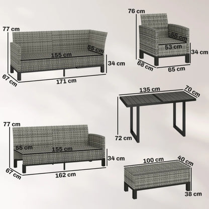 Outsunny 9 Seater Rattan Garden Furniture Corner Sofa Set, Outdoor Dining Set with Faux Wood Table, Ottoman, Cushions, Dark Grey