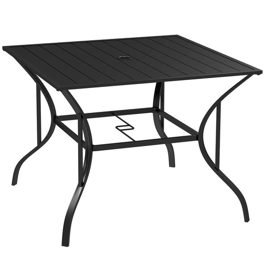 Outsunny 94 x 94 cm Garden Table with Parasol Hole, Outdoor Dining Garden Table for Four with Slatted Metal Plate Top 