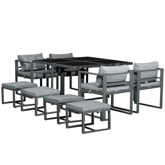 Outsunny 9PCs Patio Aluminium Dining Set, Space Saving Cube Set with 4 Chairs, 4 Ottoman, Cushions, 8 Seater Garden Furniture 