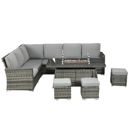Outsunny All-Season Fire Pit Patio Furniture Set Wicker Sofa Set With 50000 Btu Fire Table For Outdoor Gatherings - Grey