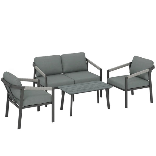 Outsunny Aluminium Garden Furniture Set, 4 Seater Outdoor Patio Furniture with Loveseat, 2 Armchairs, Slatted Table 