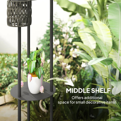 Outsunny Boho Rattan Floor Lamp, 3-Lights Rattan Lamp with Shelf, Freestanding Solar Garden Light with Auto On/Off Lights, Grey