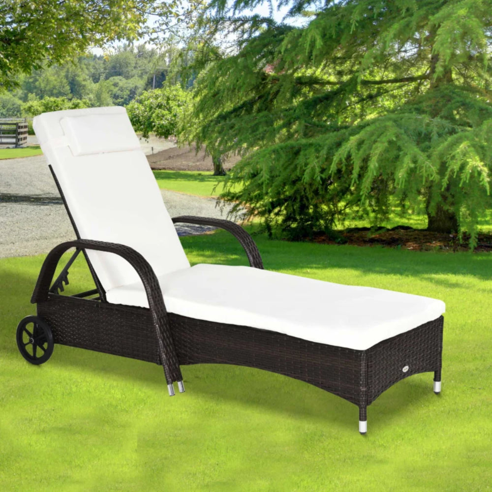 Outsunny Brown Rattan Sun Lounger w/ Adjustable Steel Frame,200Lx73Wx56-103H cm