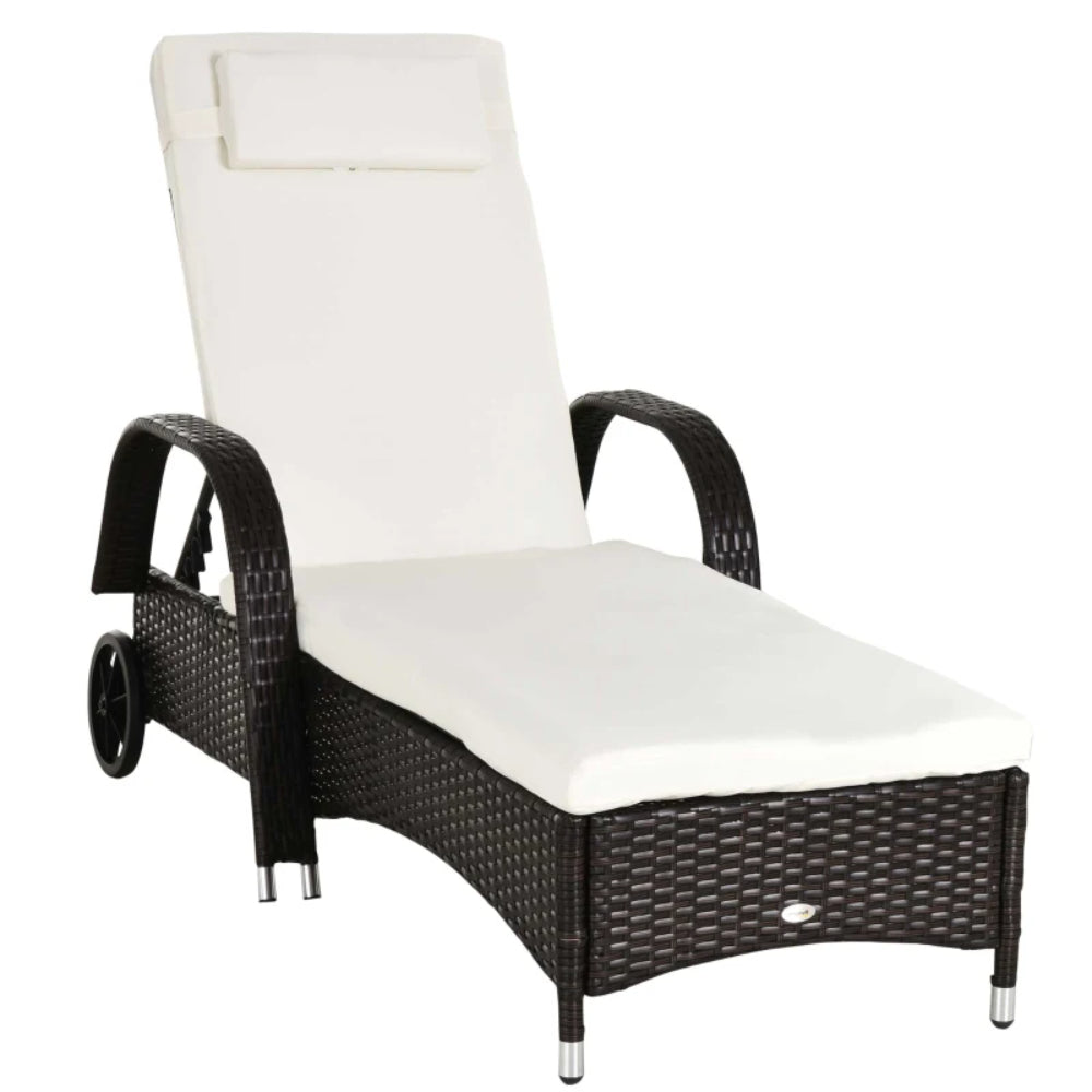 Outsunny Brown Rattan Sun Lounger w/ Adjustable Steel Frame,200Lx73Wx56-103H cm