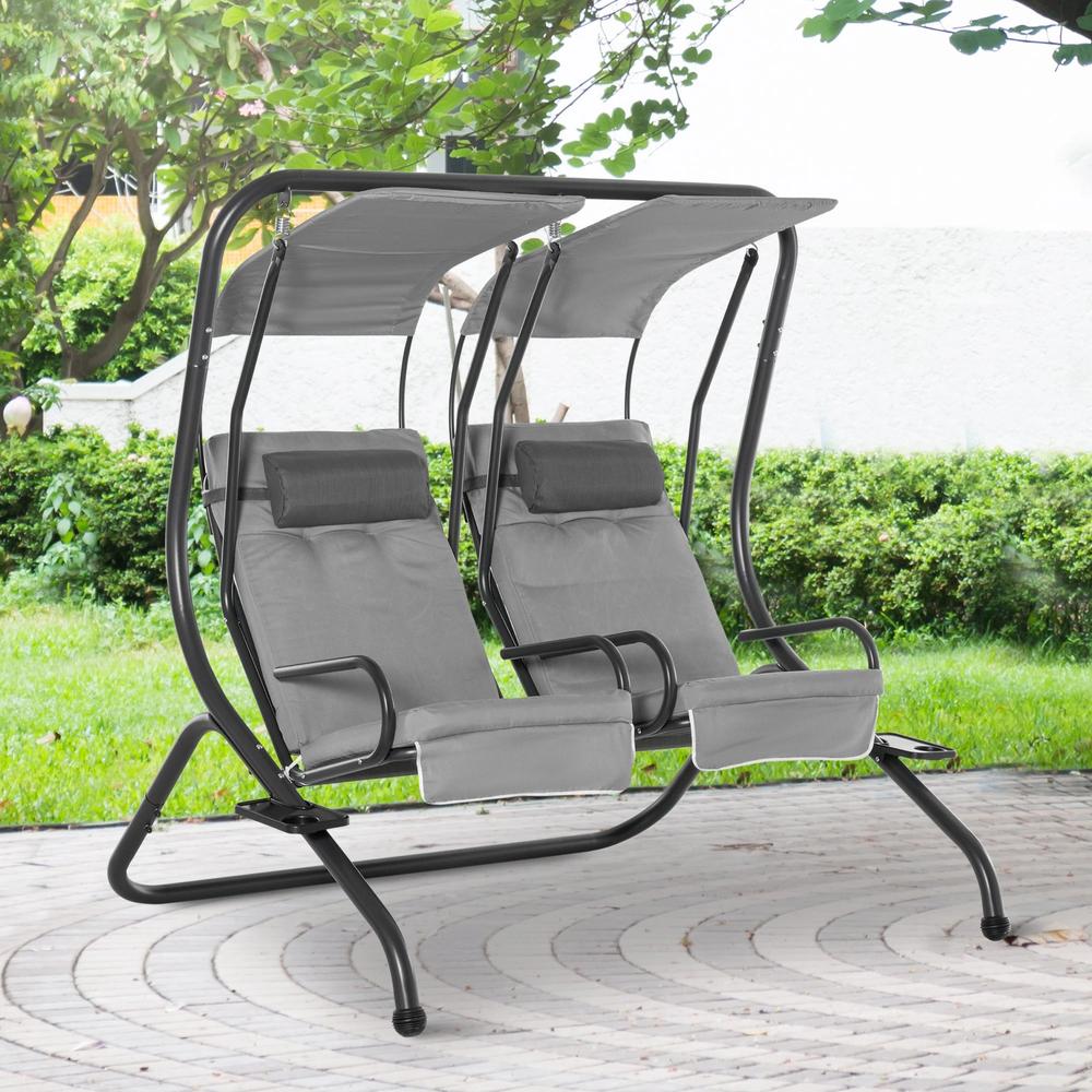 Outsunny Canopy Swing 2 Separate Relax Chairs w/ Handrails and Removable Canopy Grey 1