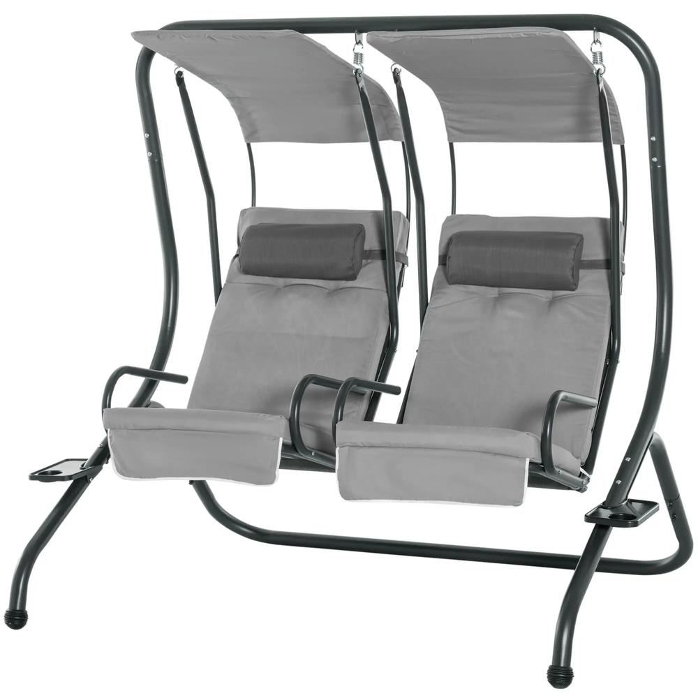 Outsunny Canopy Swing 2 Separate Relax Chairs w/ Handrails and Removable Canopy Grey 13