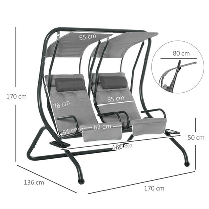 Outsunny Canopy Swing 2 Separate Relax Chairs w/ Handrails and Removable Canopy Grey 2