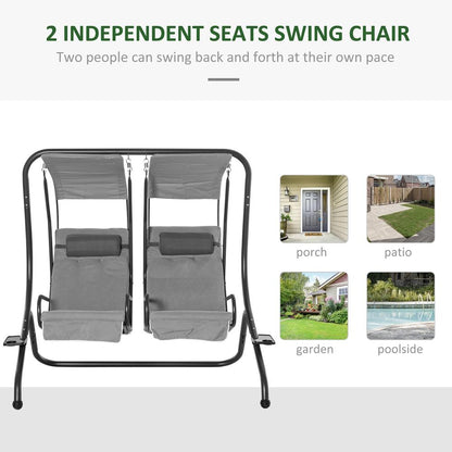 Outsunny Canopy Swing 2 Separate Relax Chairs w/ Handrails and Removable Canopy Grey 3