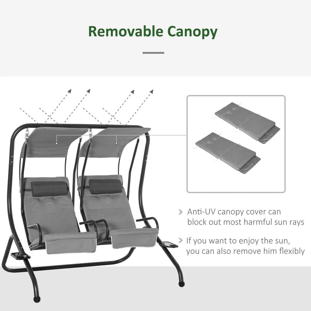 Outsunny Canopy Swing 2 Separate Relax Chairs w/ Handrails and Removable Canopy Grey 4
