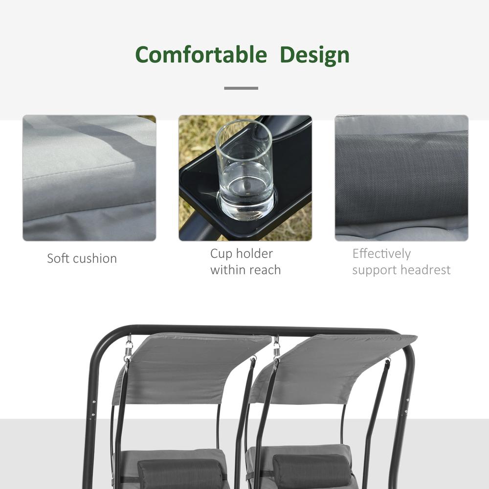 Outsunny Canopy Swing 2 Separate Relax Chairs w/ Handrails and Removable Canopy Grey 5