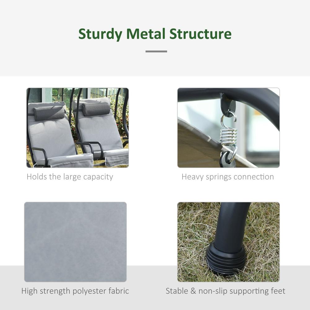 Outsunny Canopy Swing 2 Separate Relax Chairs w/ Handrails and Removable Canopy Grey 6