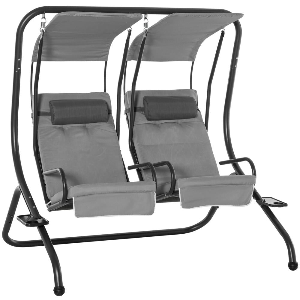 Outsunny Canopy Swing 2 Separate Relax Chairs w/ Handrails and Removable Canopy Grey 