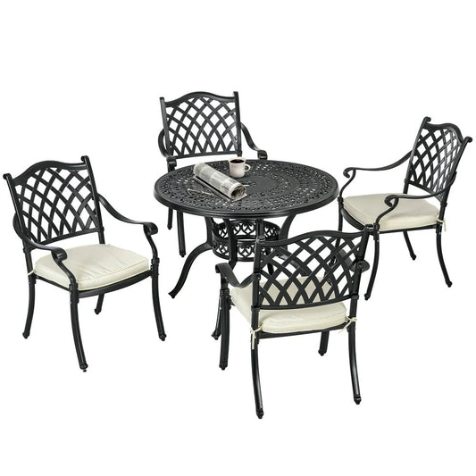 Outsunny Cast Aluminium 4 Seater Outdoor Dining Set with Cushions Parasol Hole Black 