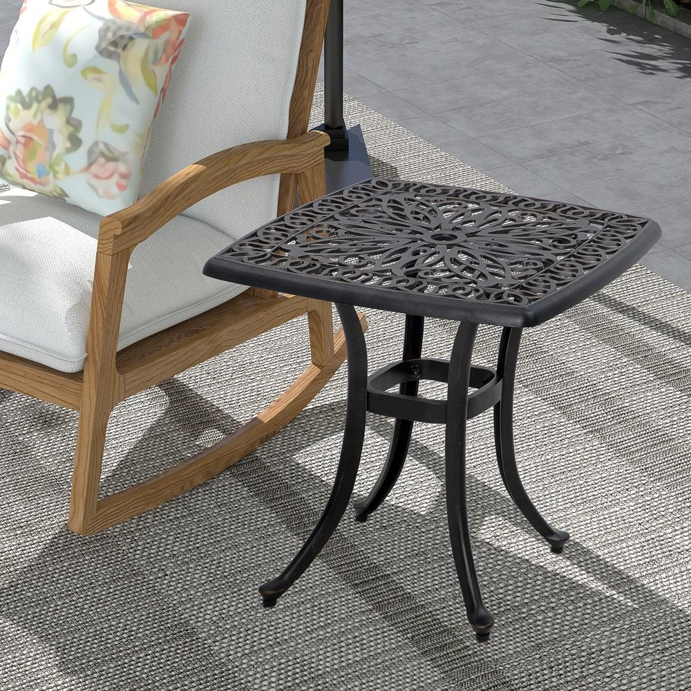 Outsunny Cast Aluminium Bistro Table, Outdoor Square Side Table with Umbrella Hole, Garden Table for Balcony 1