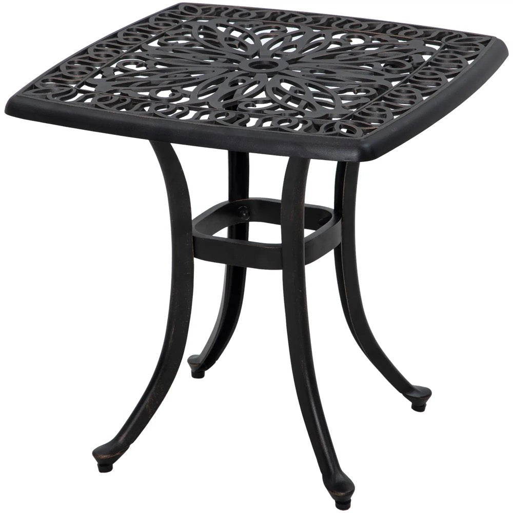 Outsunny Cast Aluminium Bistro Table, Outdoor Square Side Table with Umbrella Hole, Garden Table for Balcony 10