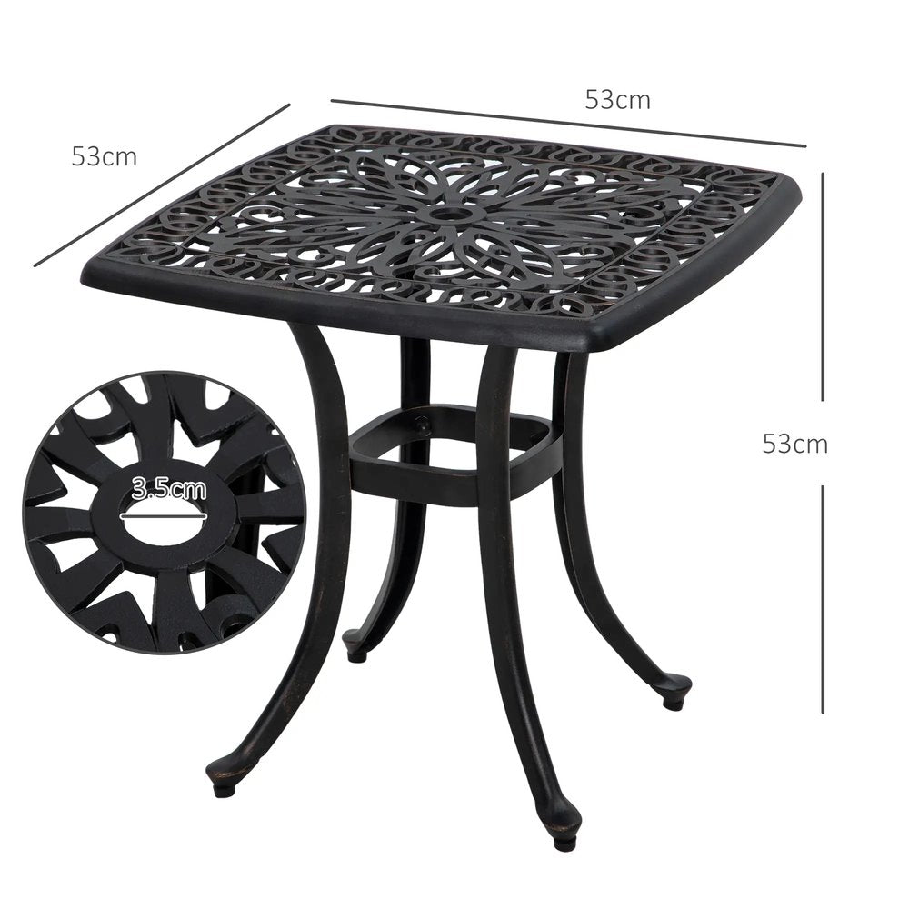 Outsunny Cast Aluminium Bistro Table, Outdoor Square Side Table with Umbrella Hole, Garden Table for Balcony 2