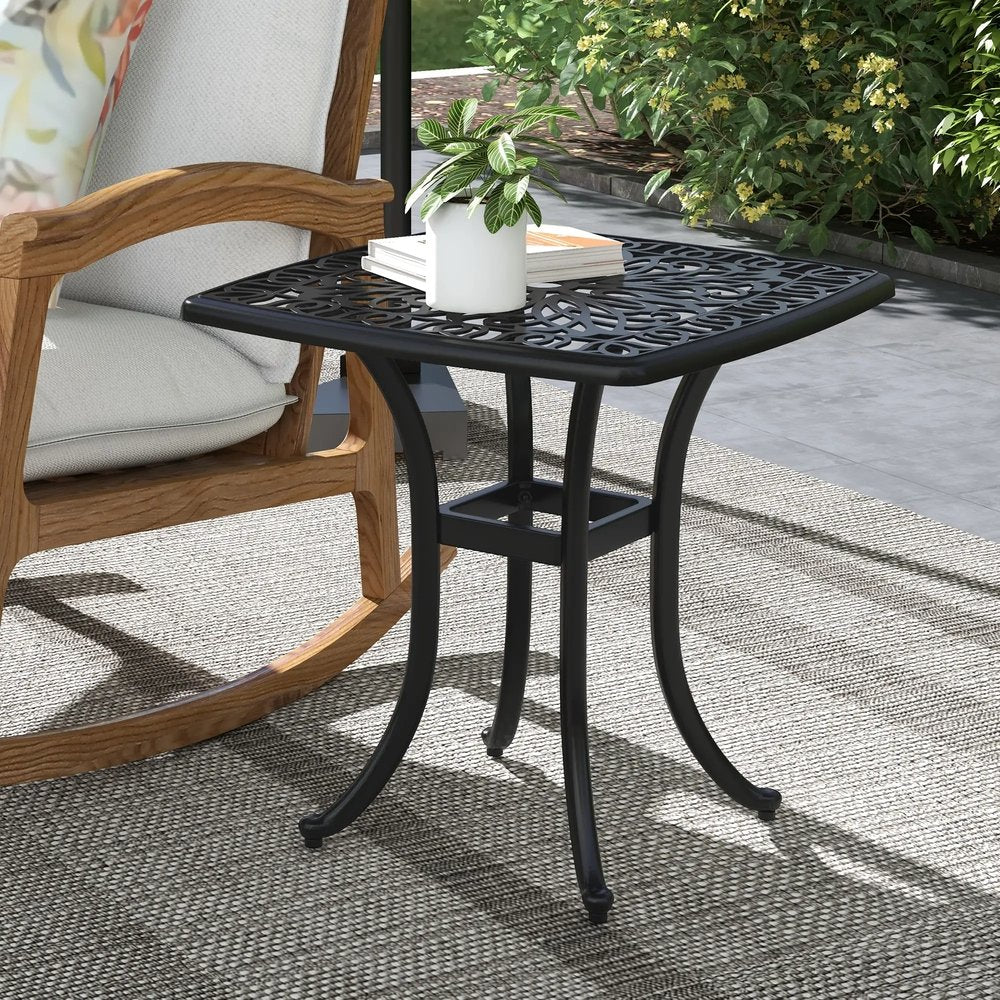 Outsunny Cast Aluminium Bistro Table, Outdoor Square Side Table with Umbrella Hole, Garden Table for Balcony 23