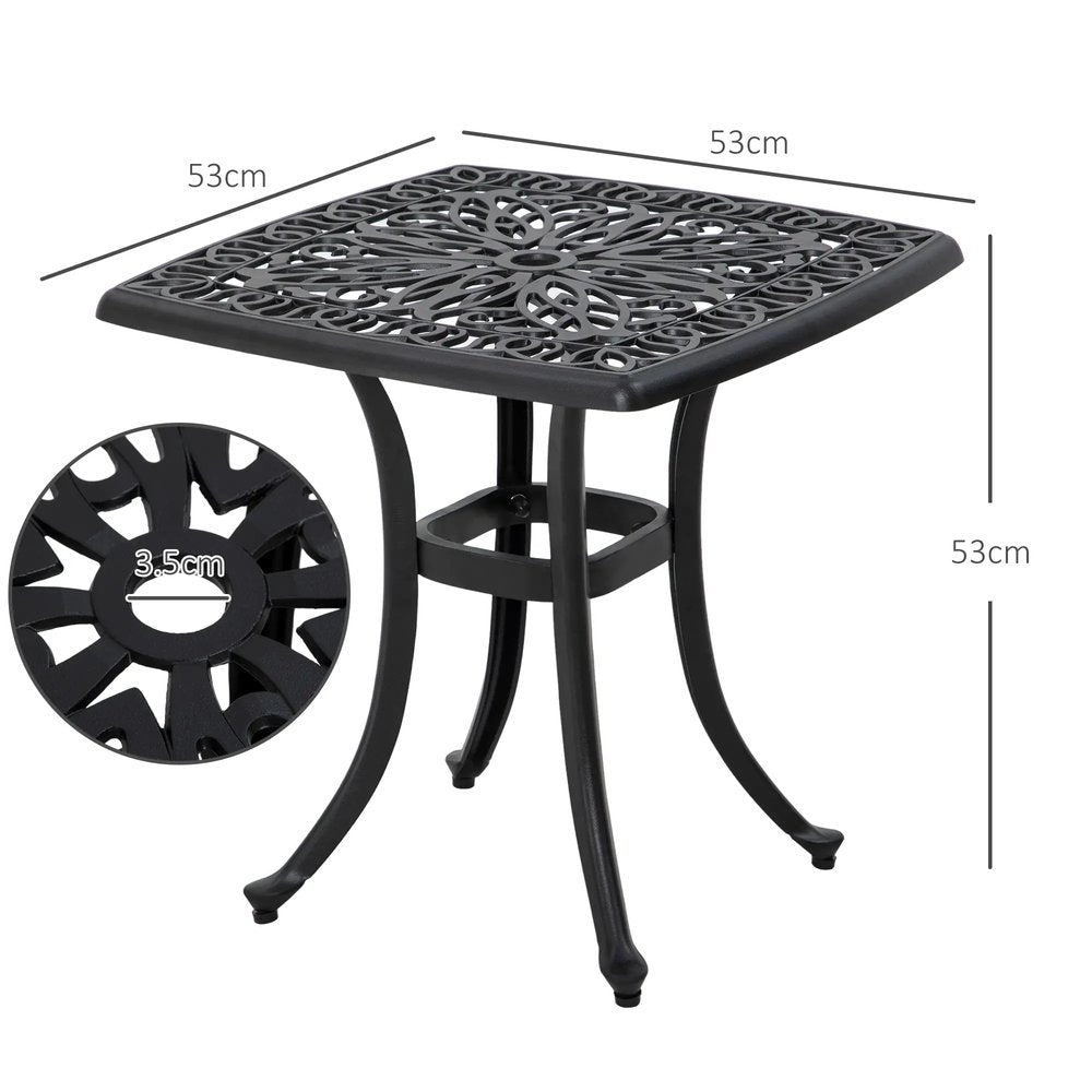 Outsunny Cast Aluminium Bistro Table, Outdoor Square Side Table with Umbrella Hole, Garden Table for Balcony 24