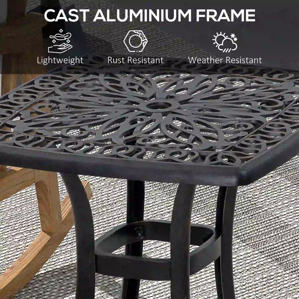 Outsunny Cast Aluminium Bistro Table, Outdoor Square Side Table with Umbrella Hole, Garden Table for Balcony 4