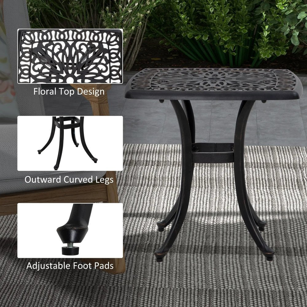 Outsunny Cast Aluminium Bistro Table, Outdoor Square Side Table with Umbrella Hole, Garden Table for Balcony 5