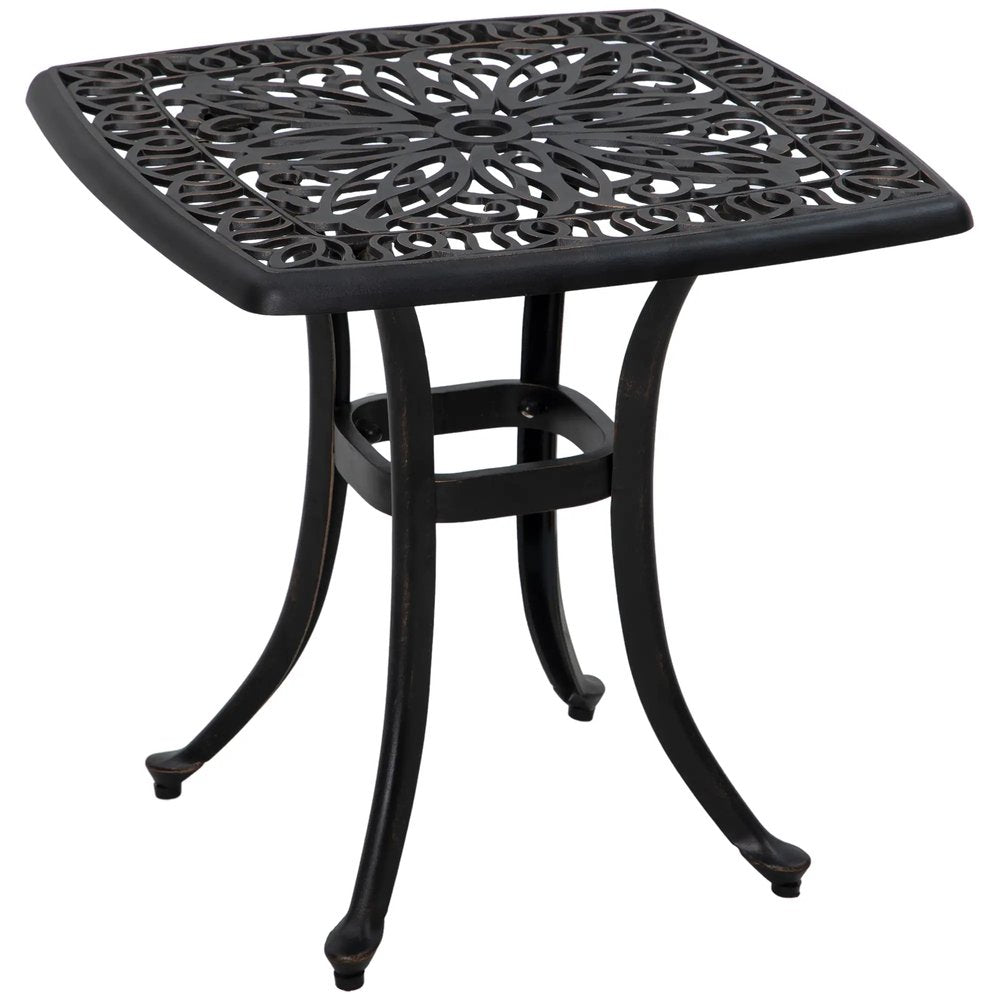 Outsunny Cast Aluminium Bistro Table, Outdoor Square Side Table with Umbrella Hole, Garden Table for Balcony 