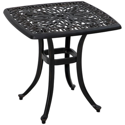 Outsunny Cast Aluminium Bistro Table, Outdoor Square Side Table with Umbrella Hole, Garden Table for Balcony 