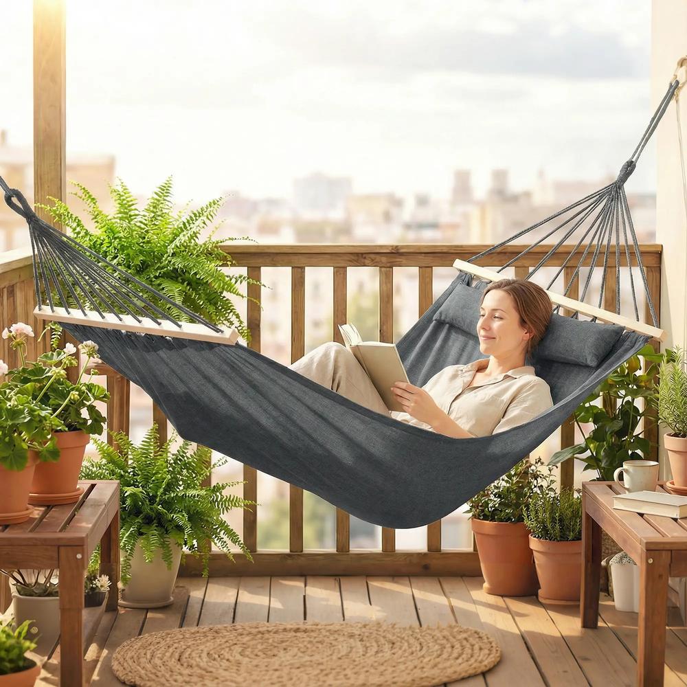 Outsunny Cotton Hammock, Soft Portable Swing Sleeping w/ Headrest & Side Pocket 11