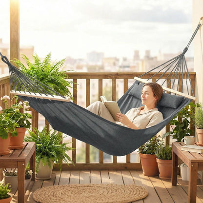 Outsunny Cotton Hammock, Soft Portable Swing Sleeping w/ Headrest & Side Pocket 11