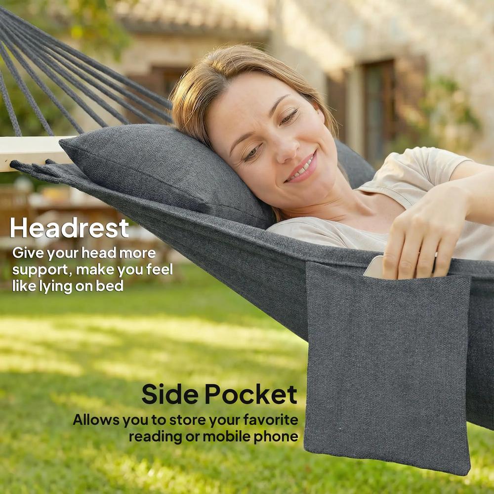 Outsunny Cotton Hammock, Soft Portable Swing Sleeping w/ Headrest & Side Pocket 14