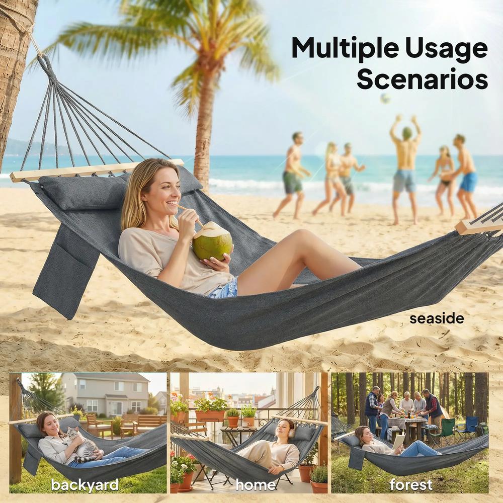 Outsunny Cotton Hammock, Soft Portable Swing Sleeping w/ Headrest & Side Pocket 16
