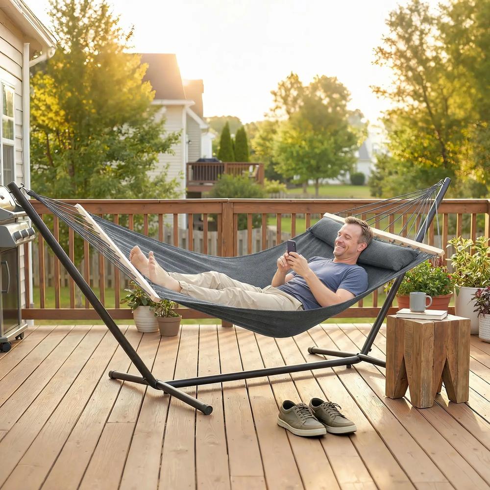 Outsunny Cotton Hammock, Soft Portable Swing Sleeping w/ Headrest & Side Pocket 18