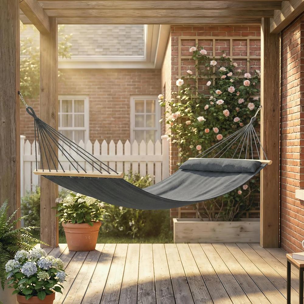 Outsunny Cotton Hammock, Soft Portable Swing Sleeping w/ Headrest & Side Pocket 19