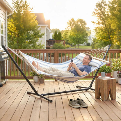 Outsunny Cotton Hammock, Soft Portable Swing Sleeping w/ Headrest & Side Pocket 8