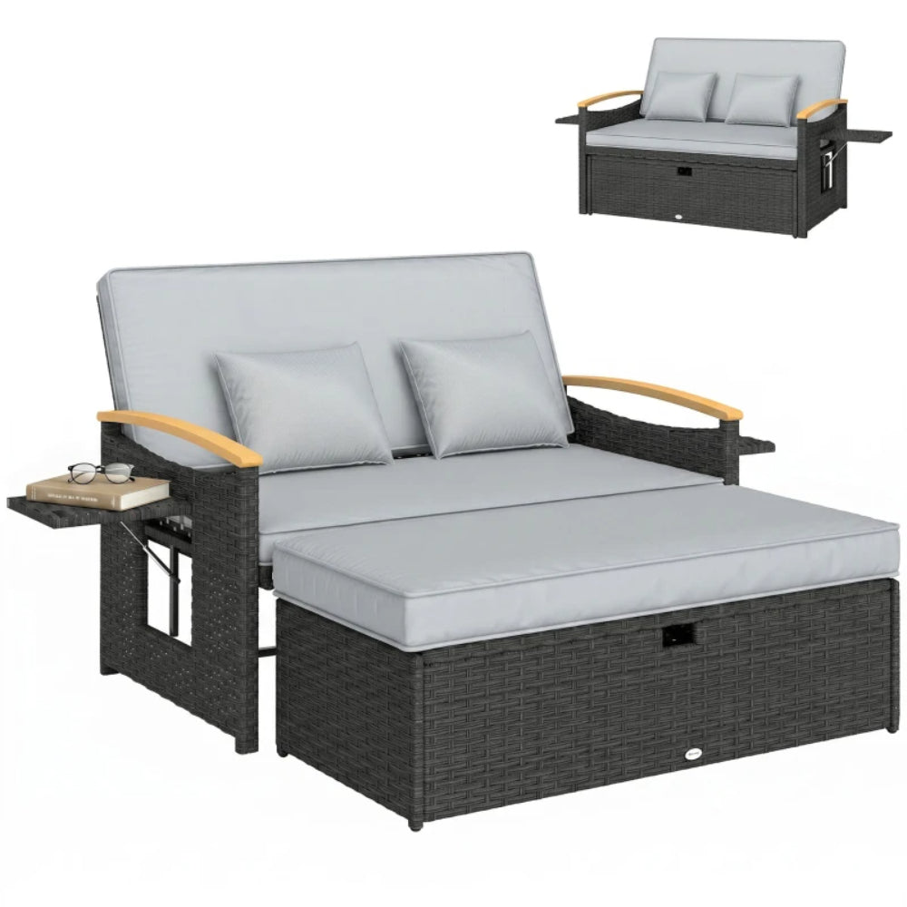 Outsunny Double Garden Rattan Daybed, Wicker Sun Bed Chaise Lounger with Storage Ottoman, 4-Level Adjustable Backrest, Dark Grey