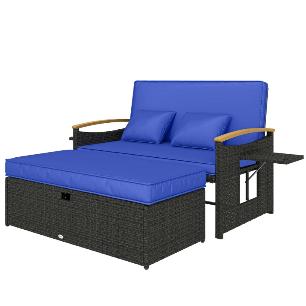 Outsunny Double Garden Rattan Daybed with Storage Ottoman, 4-Level Adjustable Backrest, Brown