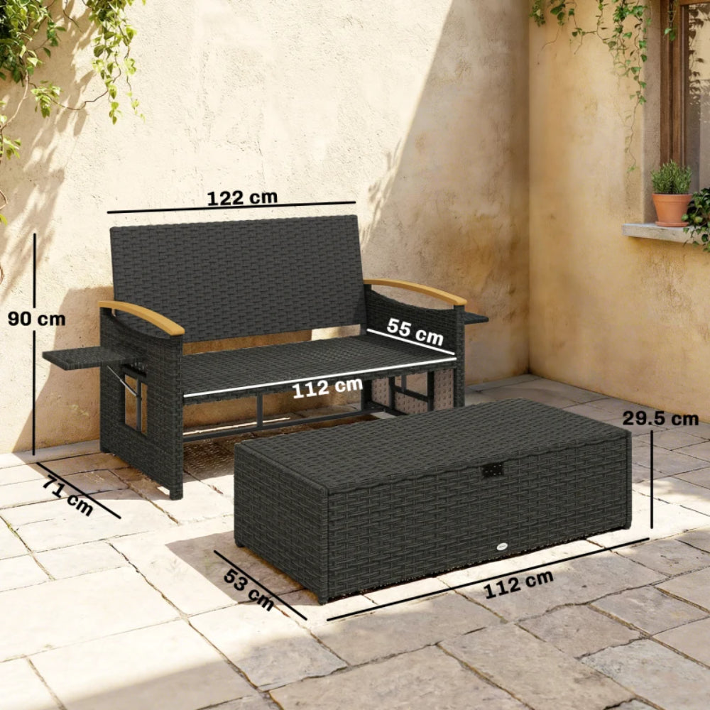 Outsunny Double Garden Rattan Daybed with Storage Ottoman, 4-Level Adjustable Backrest, Brown