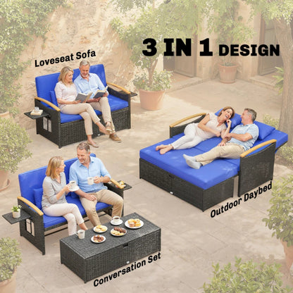 Outsunny Double Garden Rattan Daybed with Storage Ottoman, 4-Level Adjustable Backrest, Brown