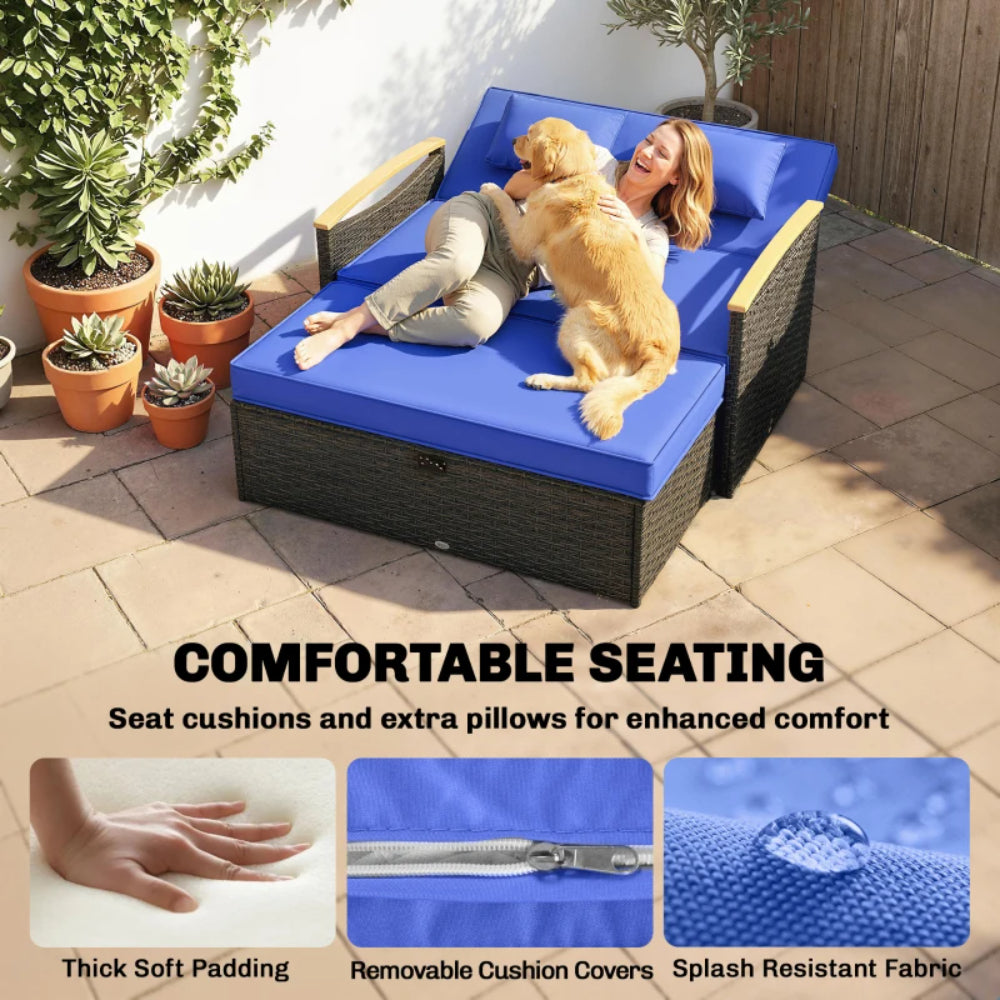 Outsunny Double Garden Rattan Daybed with Storage Ottoman, 4-Level Adjustable Backrest, Brown