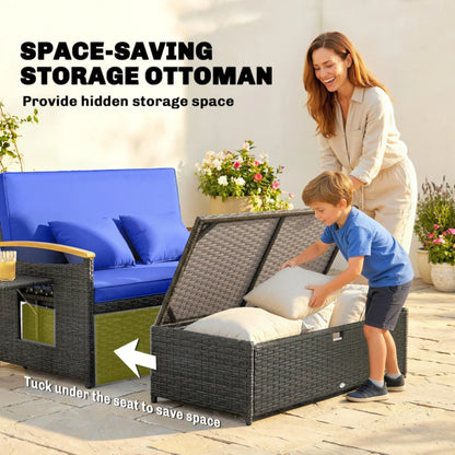 Outsunny Double Garden Rattan Daybed with Storage Ottoman, 4-Level Adjustable Backrest, Brown