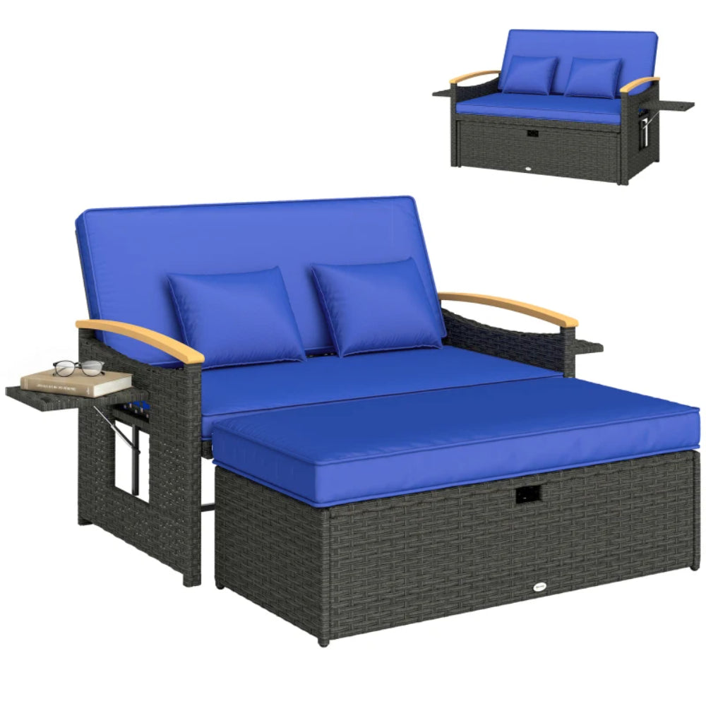 Outsunny Double Garden Rattan Daybed with Storage Ottoman, 4-Level Adjustable Backrest, Brown