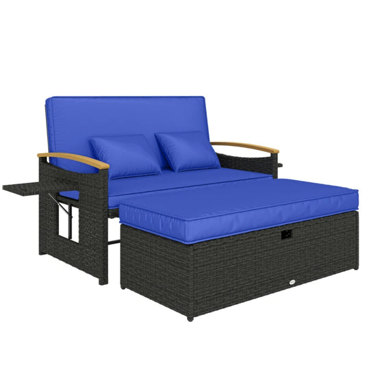 Outsunny Double Garden Rattan Daybed with Storage Ottoman, 4-Level Adjustable Backrest, Brown