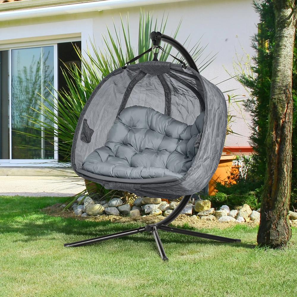 Outsunny Double Hanging Egg Chair 2 Seaters Texteline Swing Hammock Chair with Folding Design, Grey 1