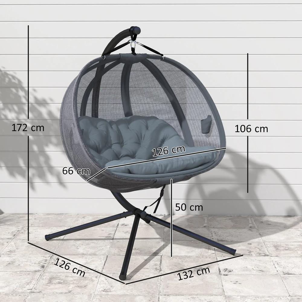 Outsunny Double Hanging Egg Chair 2 Seaters Texteline Swing Hammock Chair with Folding Design, Grey 2