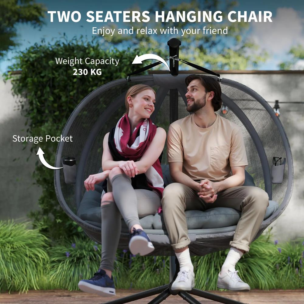 Outsunny Double Hanging Egg Chair 2 Seaters Texteline Swing Hammock Chair with Folding Design, Grey 7