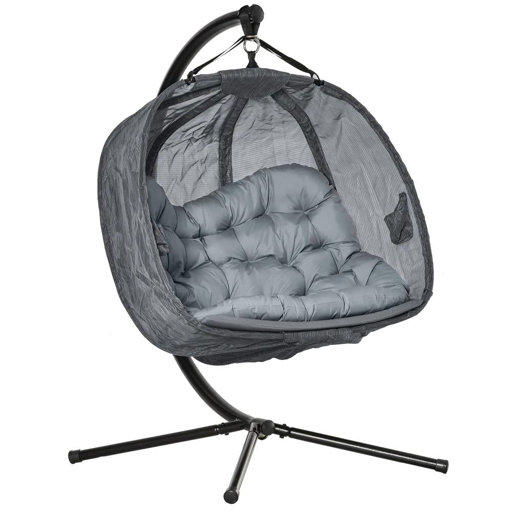 Outsunny Double Hanging Egg Chair 2 Seaters Texteline Swing Hammock Chair with Folding Design, Grey 