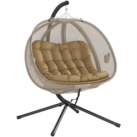Outsunny Double Hanging Egg Chair 2 Seaters Texteline Swing Hammock Chair with Stand, Cushion and Folding Design, for Indoor and Outdoor, Brown 