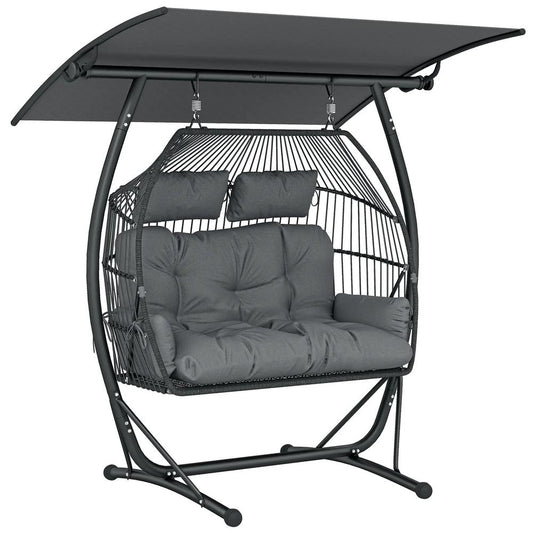 Outsunny Double Hanging Egg Chair with Canopy, Rattan Garden Egg Swing Chair with Cushion, Stand for Indoor Outdoor, Dark Grey 